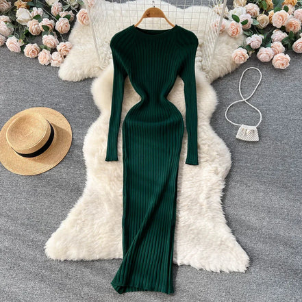 Women Knitted Dress O Neck Sexy Slim Elastic Oversized Basic Bodycon Long Dress Winter knit Warm Sweater Dresses