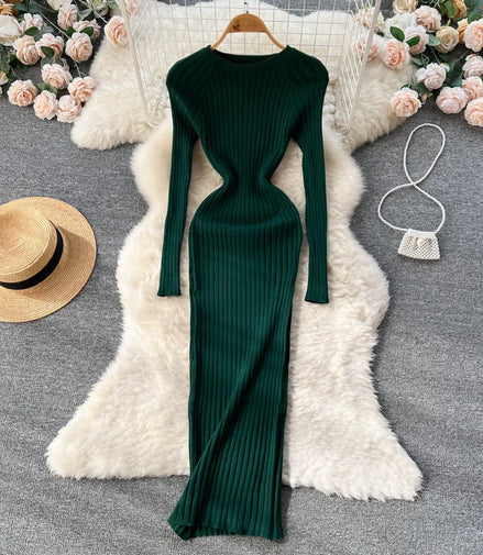 Women Knitted Dress O Neck Sexy Slim Elastic Oversized Basic Bodycon Long Dress Winter knit Warm Sweater Dresses