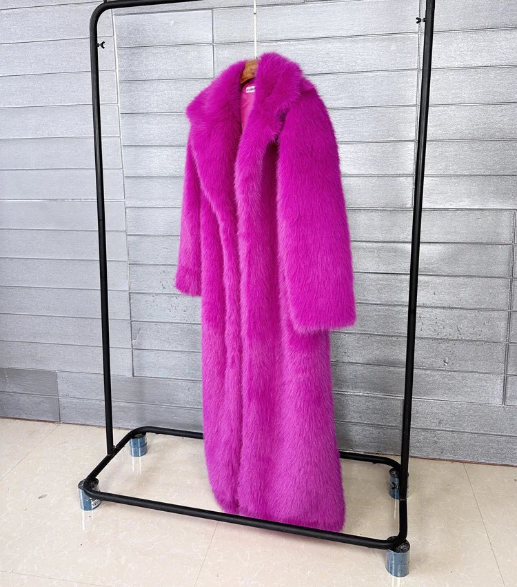 Long Faux Fur Coat Women Autumn Winter Large Jacket Overcoat White Turn Down Collar Pockets Thick Coat Warm Jackets Maxi Coats