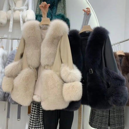 ZDFURS*Fox Fur Fur Coat Women's Mid-Length 2025  New Whole Leather Sheepskin Coat Fashionable Winter Slimming