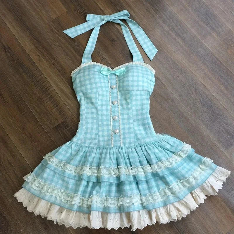 French Style Sweet Halter Dresses for Women Red Plaid Retro Princess Vestidos Mujer Summer Lolita Kawaii Elegant Party Dress