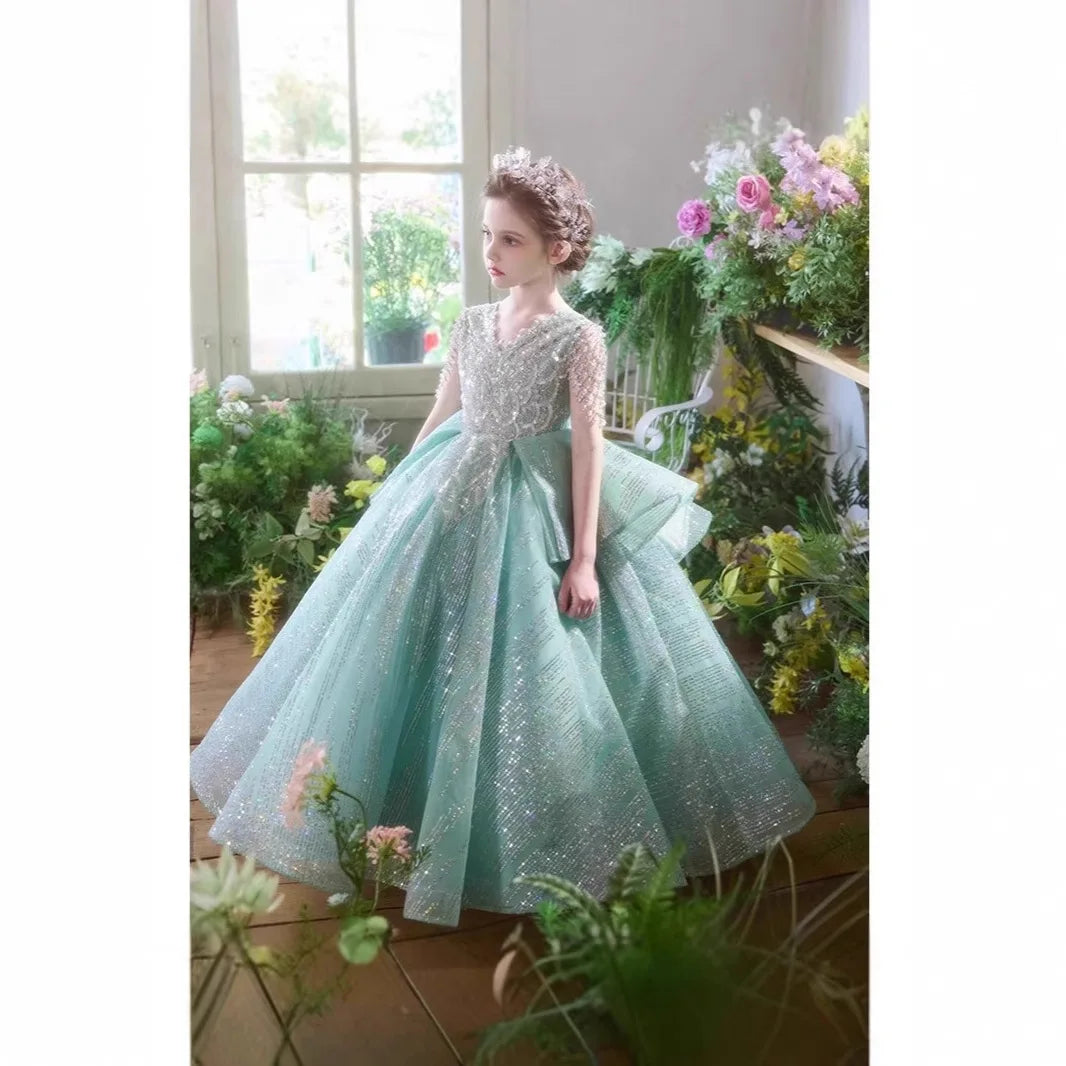 Elegant Girls Formal Dress Floral Green Evening Gown Little Miss Birthday Party Princess Pageant Wedding Flower Girl Piano Gown