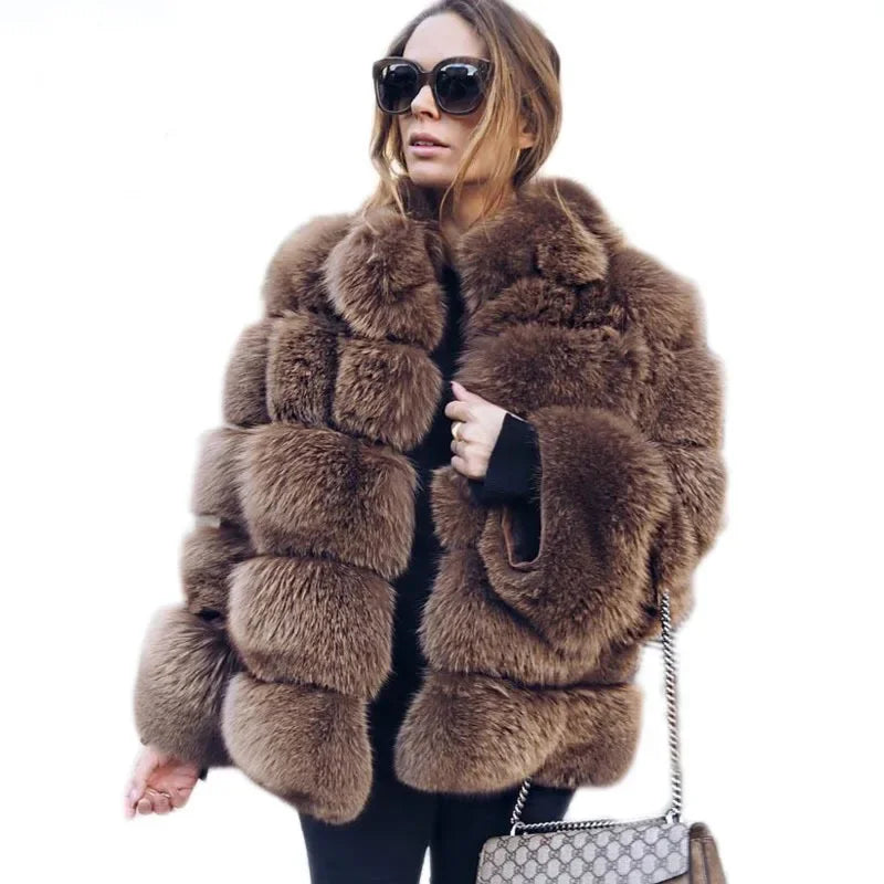 Women Faux Fur Fox Coats Short Coat Stand Collar Slim Fit Full Sleeve Elegant Splice Autumn Winter Thick Warm Open Stitch