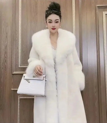 Faux Fur Coats Women Long Coat Thick Warm Turn Down Collar Open Stitch Spring Outerwear Jackets Elegant Splice Autumn Winter