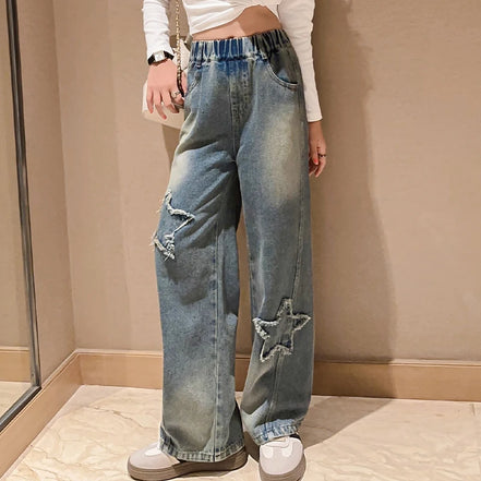 High Waist Jeans Girl Straight Loose Wide-leg Pants Spring and Autumn Korean Vintage Jeans Fashion Kids Denim Trousers For Teens