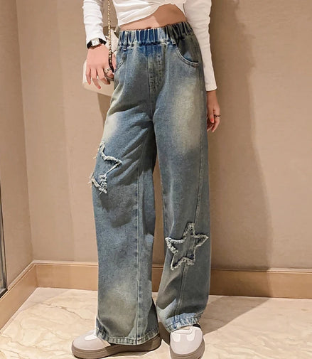 High Waist Jeans Girl Straight Loose Wide-leg Pants Spring and Autumn Korean Vintage Jeans Fashion Kids Denim Trousers For Teens