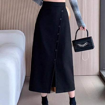 Fashion High Waist Slit Blazer Midi Skirt A Line Slim Fit Flattering