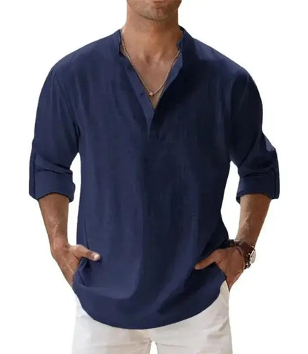 Streetwear Men Lightweight Shirts Long Sleeve Henley Cotton Linen Shirts for Men Beach Hawaiian Shirts Breathable Collar Tshirts