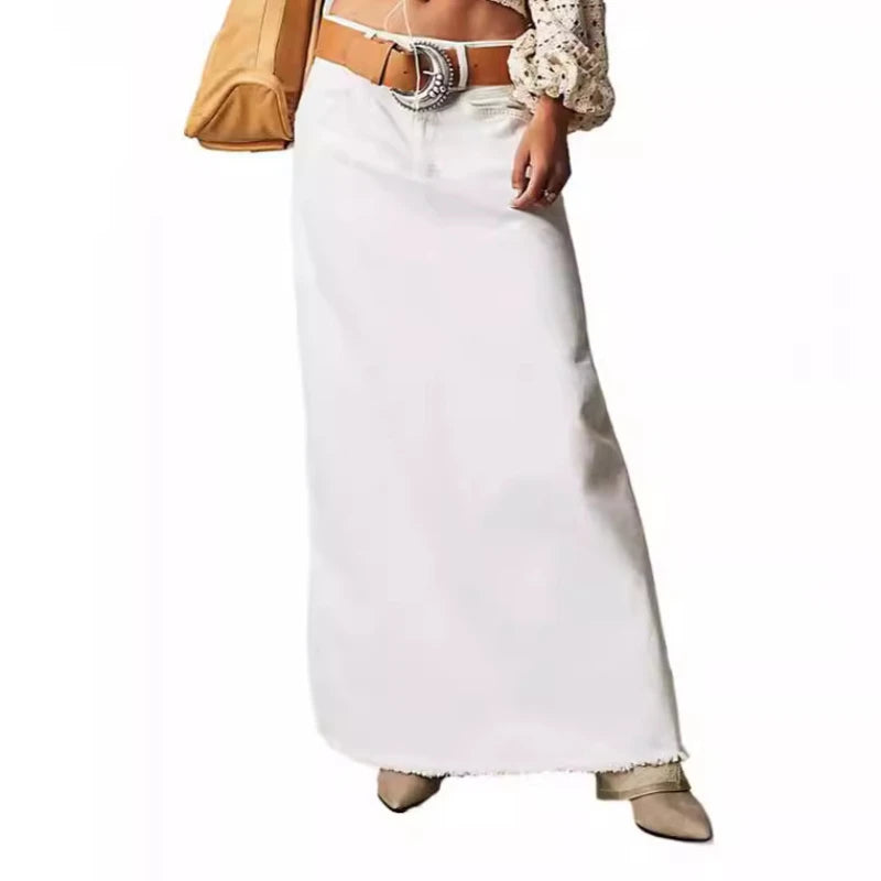 Long Skirts Denim Skirt Women Slim High Waist Straight Casual Jeans Streetwear Elegant Splice Blue Summer Button Pocket 2025