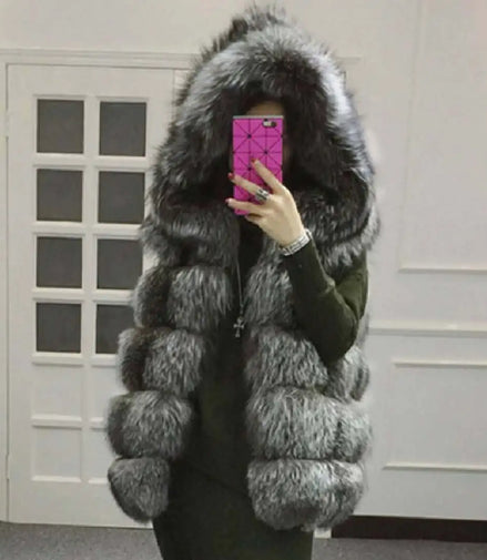 Faux Fox Fur Vest Coats Women Loose Mid Length Fur Jackets Hooded Sleeveless Thick Warm Fur Casual Slim Fit 2025 Autumn Winter