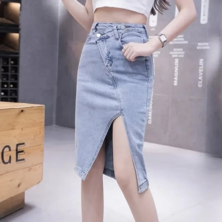 Jeans Skirts for Women Mini High Waist with Slit Midi Short To Knees Length Woman Denim Skirt V Modest Stylish A Line Casual