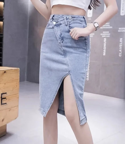 Jeans Skirts for Women Mini High Waist with Slit Midi Short To Knees Length Woman Denim Skirt V Modest Stylish A Line Casual