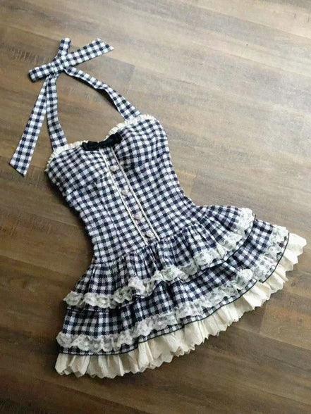 French Style Sweet Halter Dresses for Women Red Plaid Retro Princess Vestidos Mujer Summer Lolita Kawaii Elegant Party Dress