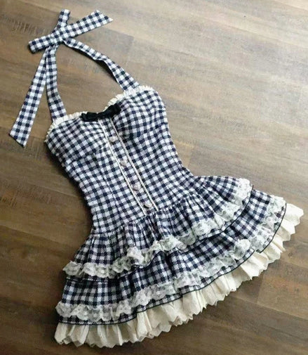 French Style Sweet Halter Dresses for Women Red Plaid Retro Princess Vestidos Mujer Summer Lolita Kawaii Elegant Party Dress