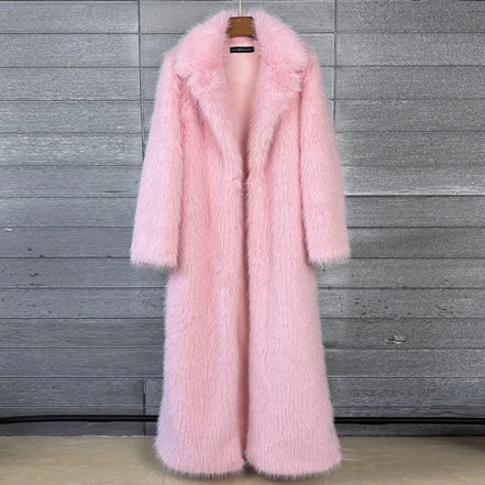 Long Faux Fur Coat Women Autumn Winter Large Jacket Overcoat White Turn Down Collar Pockets Thick Coat Warm Jackets Maxi Coats