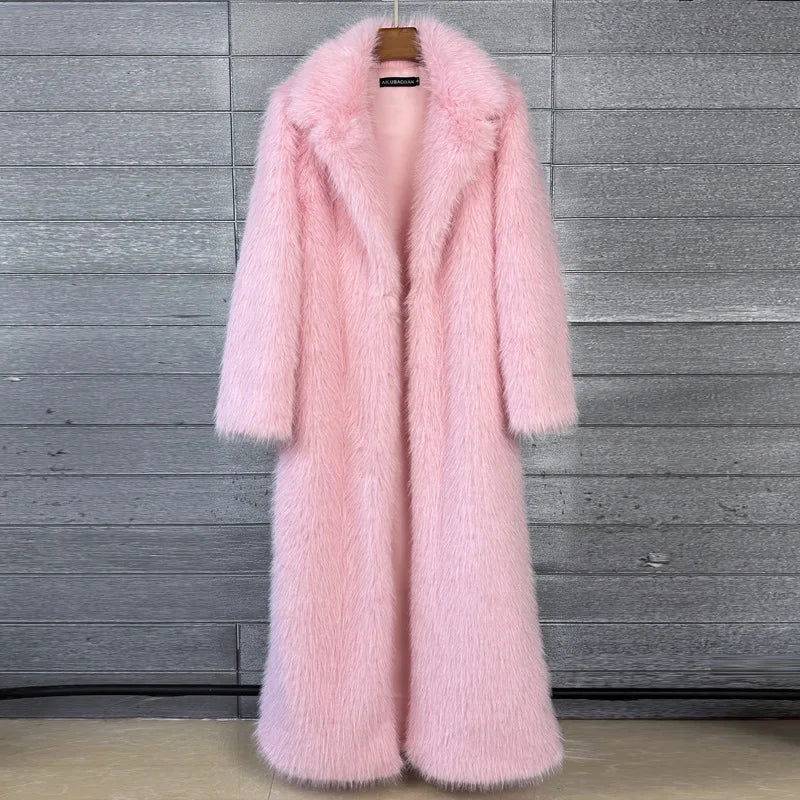 Long Faux Fur Coat Women Autumn Winter Large Jacket Overcoat White Turn Down Collar Pockets Thick Coat Warm Jackets Maxi Coats