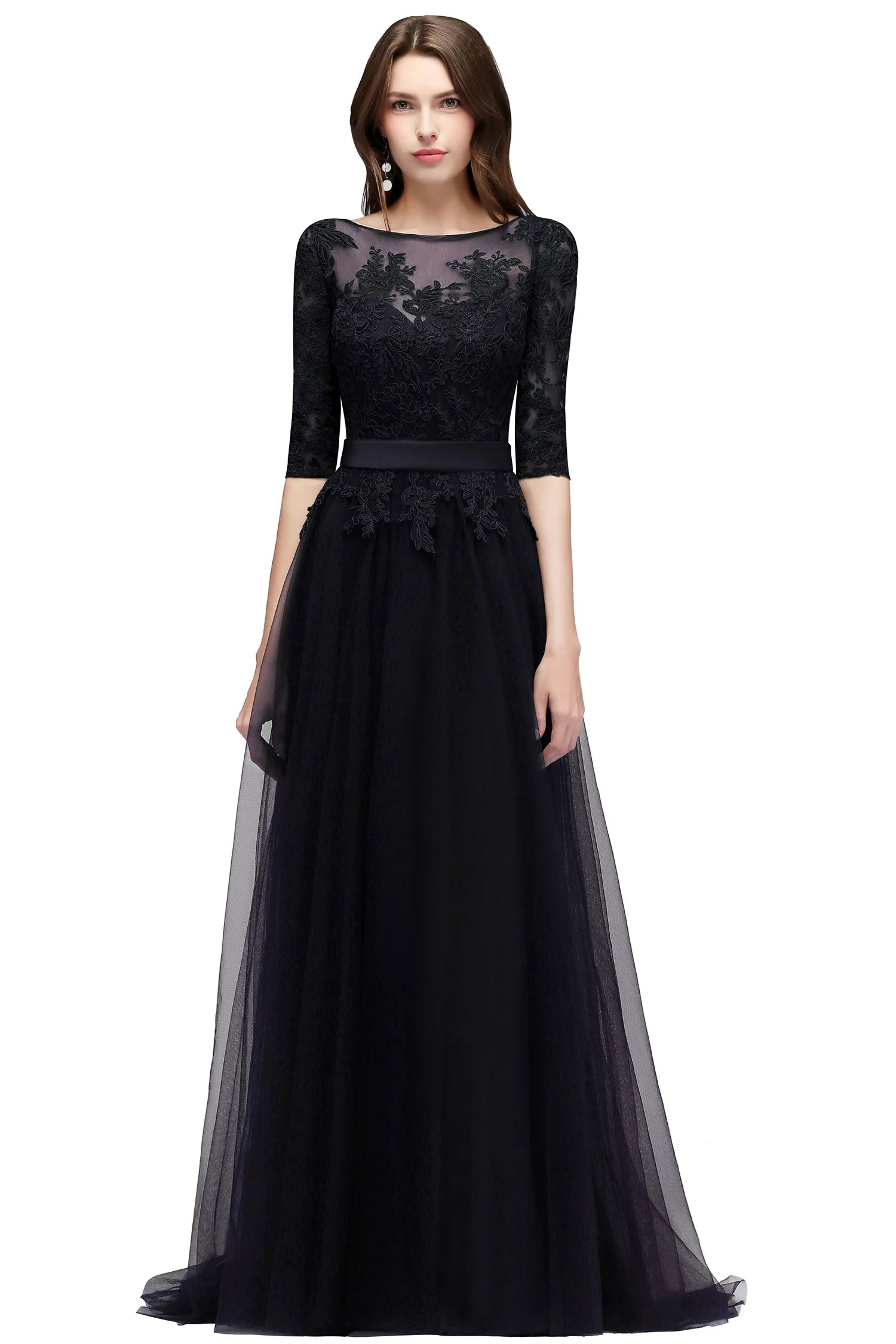 Lace Scoop Neckline Evening Dresses Elegant Half Sleeve Appliques Tulle Formal Party Floor-length Backless With Belt Robe De