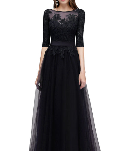 Lace Scoop Neckline Evening Dresses Elegant Half Sleeve Appliques Tulle Formal Party Floor-length Backless With Belt Robe De