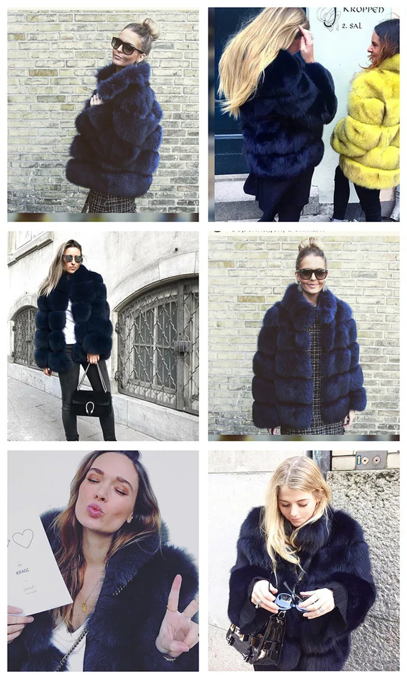 Women Faux Fur Fox Coats Short Coat Stand Collar Slim Fit Full Sleeve Elegant Splice Autumn Winter Thick Warm Open Stitch