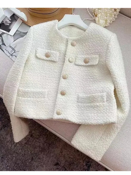 SMTHMA Korean Chic Female Tweed Basic Jacket Coat Women Clothing Runway Style Woolen Outerwear