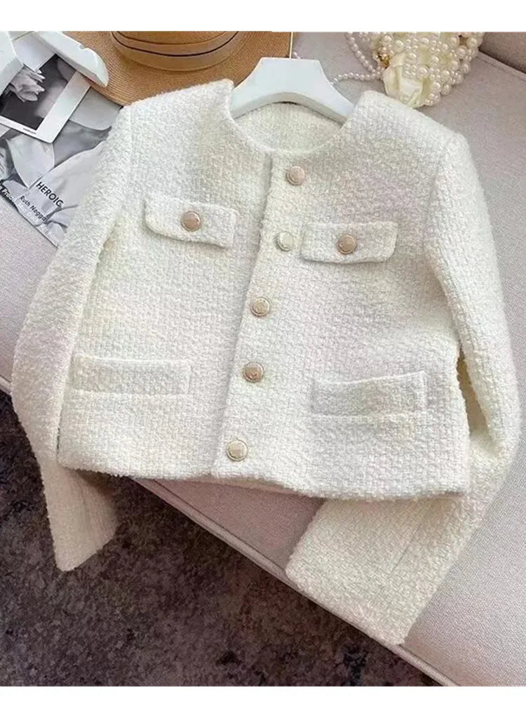 SMTHMA Korean Chic Female Tweed Basic Jacket Coat Women Clothing Runway Style Woolen Outerwear