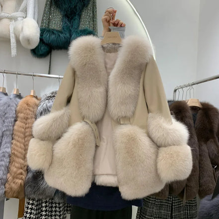 ZDFURS*Fox Fur Fur Coat Women's Mid-Length 2025  New Whole Leather Sheepskin Coat Fashionable Winter Slimming