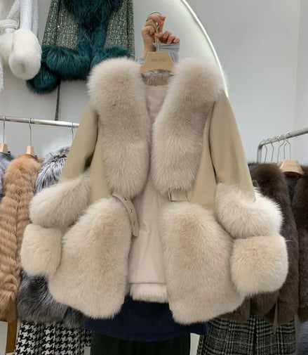 ZDFURS*Fox Fur Fur Coat Women's Mid-Length 2025  New Whole Leather Sheepskin Coat Fashionable Winter Slimming