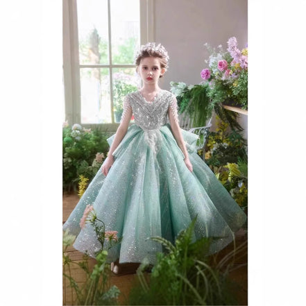 Elegant Girls Formal Dress Floral Green Evening Gown Little Miss Birthday Party Princess Pageant Wedding Flower Girl Piano Gown