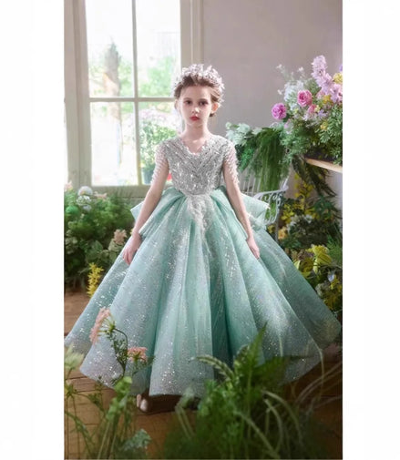 Elegant Girls Formal Dress Floral Green Evening Gown Little Miss Birthday Party Princess Pageant Wedding Flower Girl Piano Gown