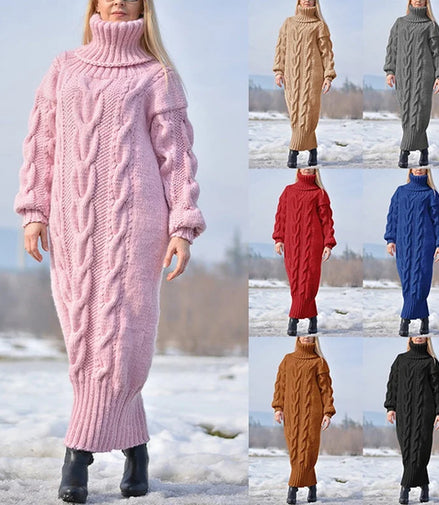 Sweater Dress Women Long Sleeve High Neck Knitted Pullover Dress Soft Warm Solid Color Oversize Bodycon Jumper Female Dress