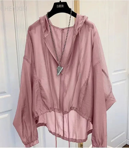 Jackets Women Hooded Summer Sun-proof Zipper Coats Thin Loose See Through Outerwear Breathable Outwear Lightweight Clothes Black