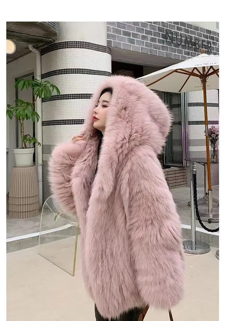 Imitation fox fur women's 2024 winter new style hooded loose slimming fur coat trendy street internet celebrity same style