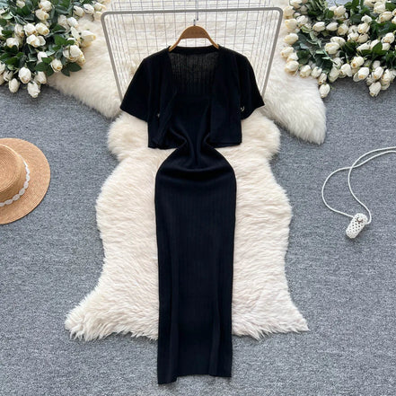 Dress Set Women Two Piece Sets Long Dresses Sling Vestidos Striped Sleeveless Elegant Streetwear Y2k Full Sleeve Tops Coats