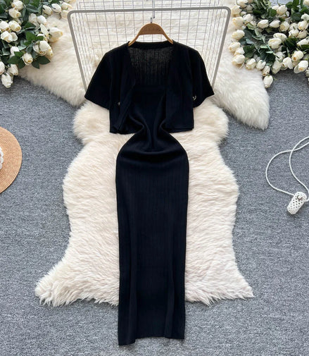 Dress Set Women Two Piece Sets Long Dresses Sling Vestidos Striped Sleeveless Elegant Streetwear Y2k Full Sleeve Tops Coats
