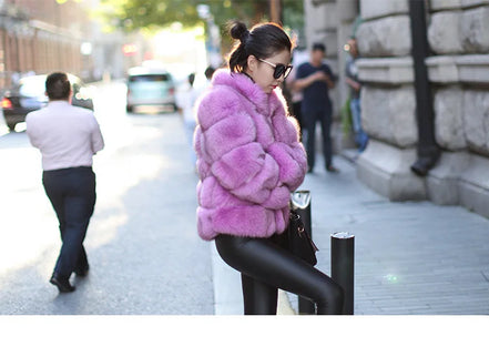 Women Faux Fur Fox Coats Short Coat Stand Collar Slim Fit Full Sleeve Elegant Splice Autumn Winter Thick Warm Open Stitch