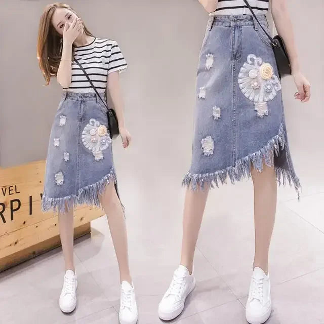 Jeans Skirts for Women Midi Woman Denim Skirt Chubby High Waist Fringe Cheap Clothing Sales Aesthetic A Line Modest Korean Style