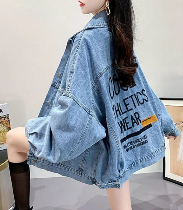 Vintage Denim Jacket Women Y2k Clothing Short Tops Korean Fashion Long Sleeve Loose Denim Patchwork Spring Autumn Jacket Casual