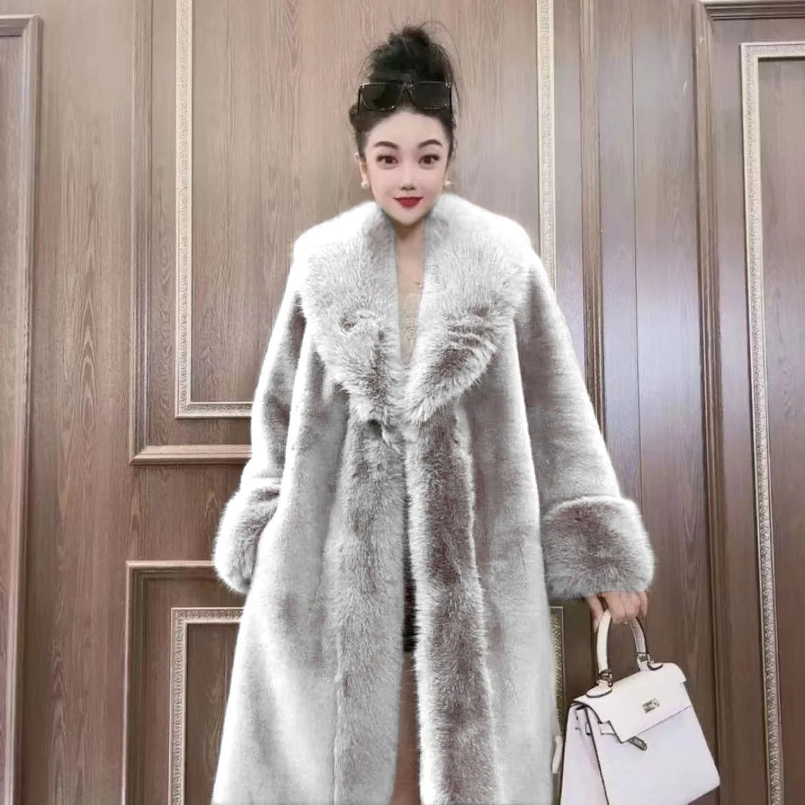 Faux Fur Coats Women Long Coat Thick Warm Turn Down Collar Open Stitch Spring Outerwear Jackets Elegant Splice Autumn Winter