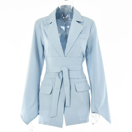 Elegant Trousers Suit Women Slim V-neck Pockets Blazer Full Sleeve Belt Straight Pants Sets Female Solid Sets Lady Spring Autumn