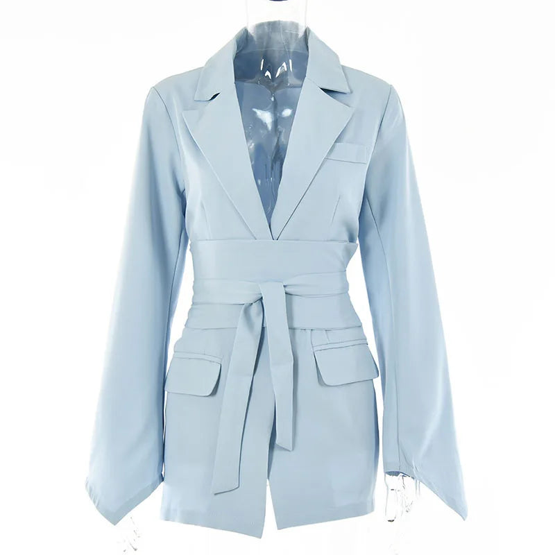 Elegant Trousers Suit Women Slim V-neck Pockets Blazer Full Sleeve Belt Straight Pants Sets Female Solid Sets Lady Spring Autumn