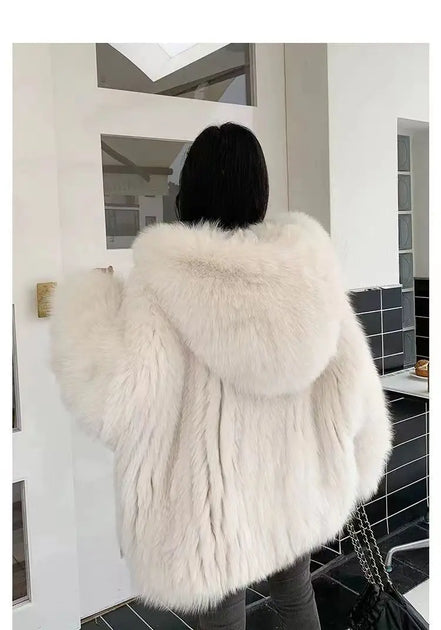 Imitation fox fur women's 2024 winter new style hooded loose slimming fur coat trendy street internet celebrity same style