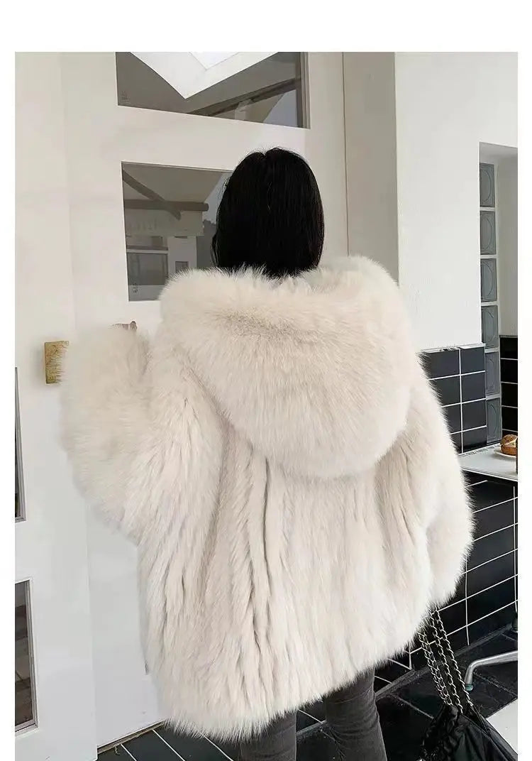 Imitation fox fur women's 2024 winter new style hooded loose slimming fur coat trendy street internet celebrity same style