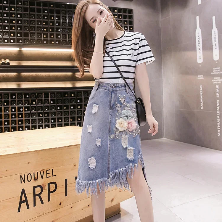 Jeans Skirts for Women Midi Woman Denim Skirt Chubby High Waist Fringe Cheap Clothing Sales Aesthetic A Line Modest Korean Style
