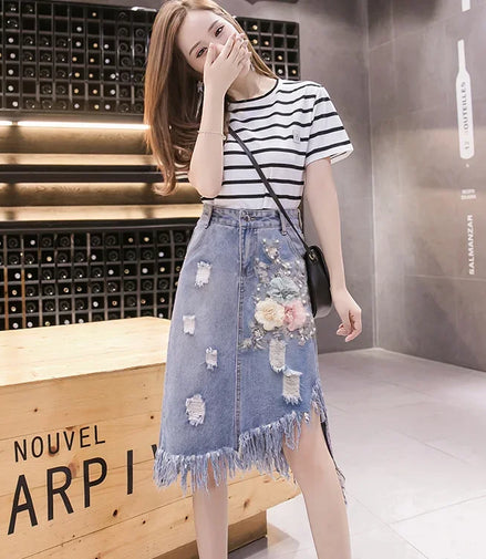 Jeans Skirts for Women Midi Woman Denim Skirt Chubby High Waist Fringe Cheap Clothing Sales Aesthetic A Line Modest Korean Style