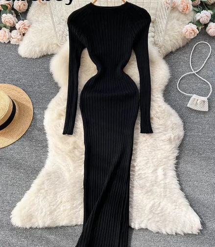 Women Knitted Dress O Neck Sexy Slim Elastic Oversized Basic Bodycon Long Dress Winter knit Warm Sweater Dresses