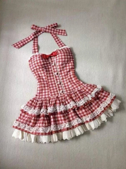 French Style Sweet Halter Dresses for Women Red Plaid Retro Princess Vestidos Mujer Summer Lolita Kawaii Elegant Party Dress