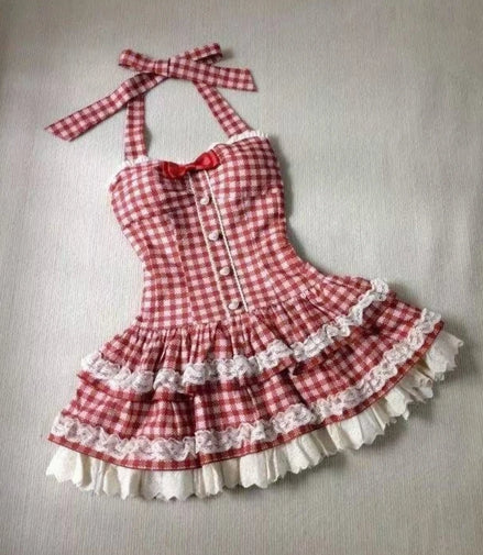 French Style Sweet Halter Dresses for Women Red Plaid Retro Princess Vestidos Mujer Summer Lolita Kawaii Elegant Party Dress