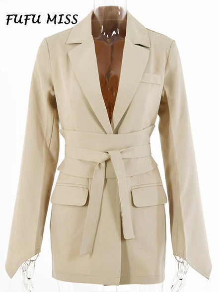 Elegant Trousers Suit Women Slim V-neck Pockets Blazer Full Sleeve Belt Straight Pants Sets Female Solid Sets Lady Spring Autumn