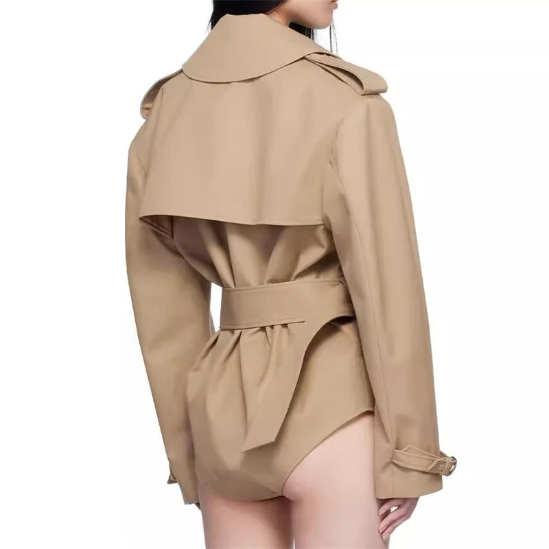 Women's jacket New outerwears summer 2025 double breasted lapel long sleeved top Belt slimming women's jumpsuit Pure cotton coat