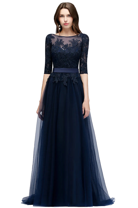 Lace Scoop Neckline Evening Dresses Elegant Half Sleeve Appliques Tulle Formal Party Floor-length Backless With Belt Robe De